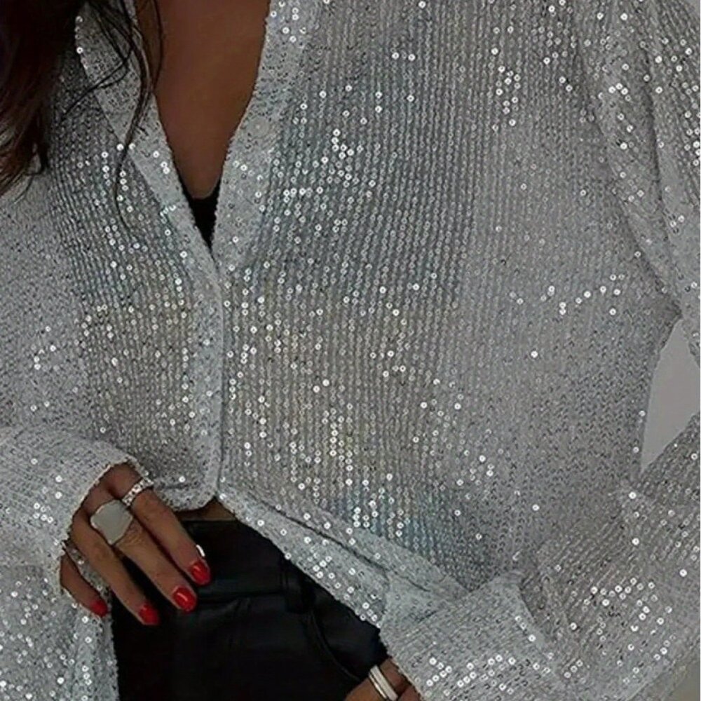 White Sexy Women's Sequined Long Sleeve Collared Button-Down Cardigan - Picture 4 of 5